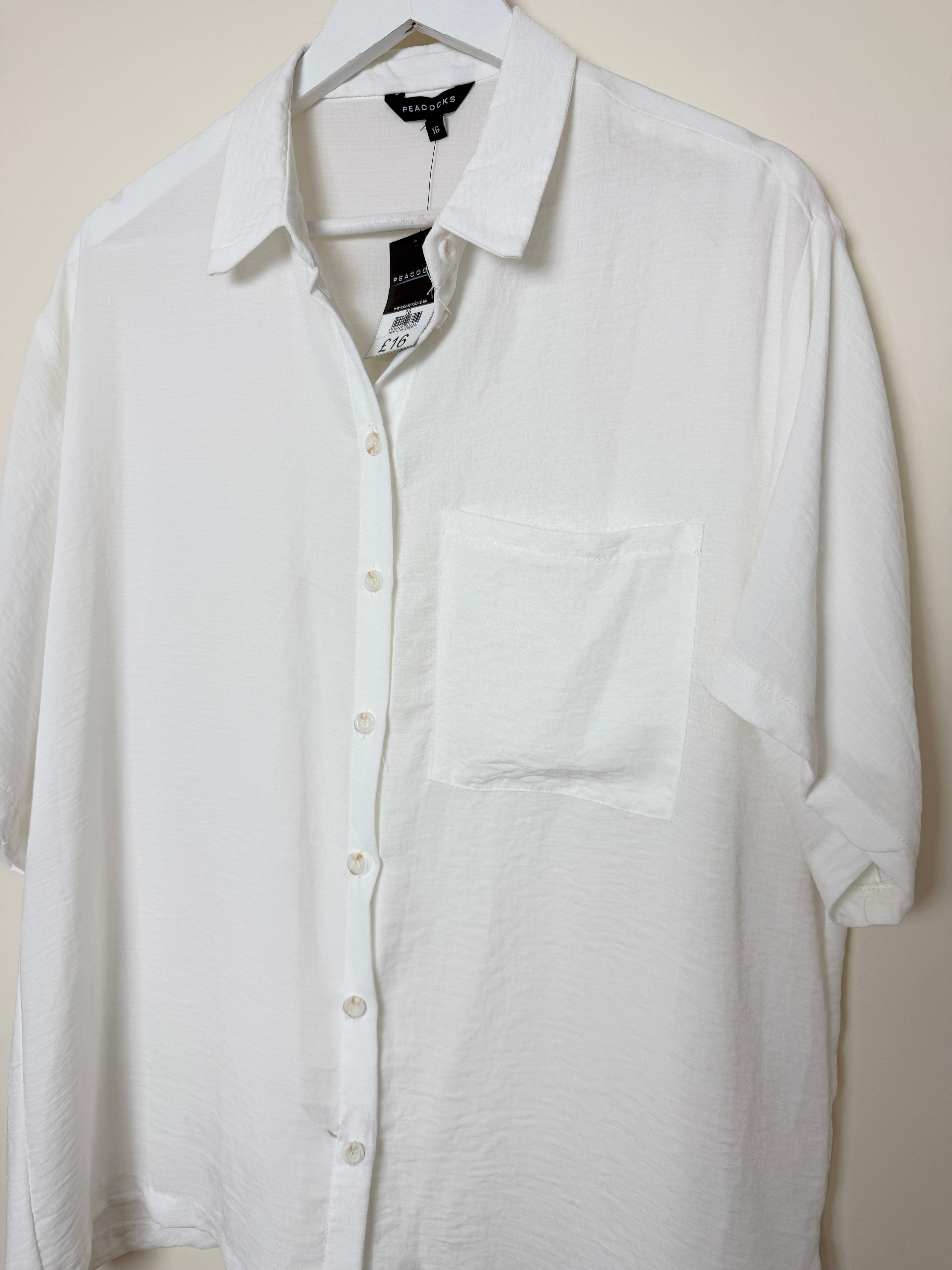 Peacocks White Sheer Blouse UK 16 Short Sleeve Classic Collar BNWT