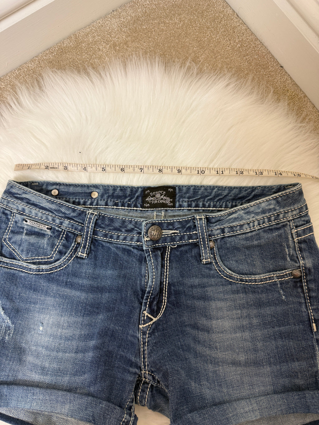ReRock Express Y2K Western Denim Shorts Dark Wash Embroidered Contrast Stitch UK12