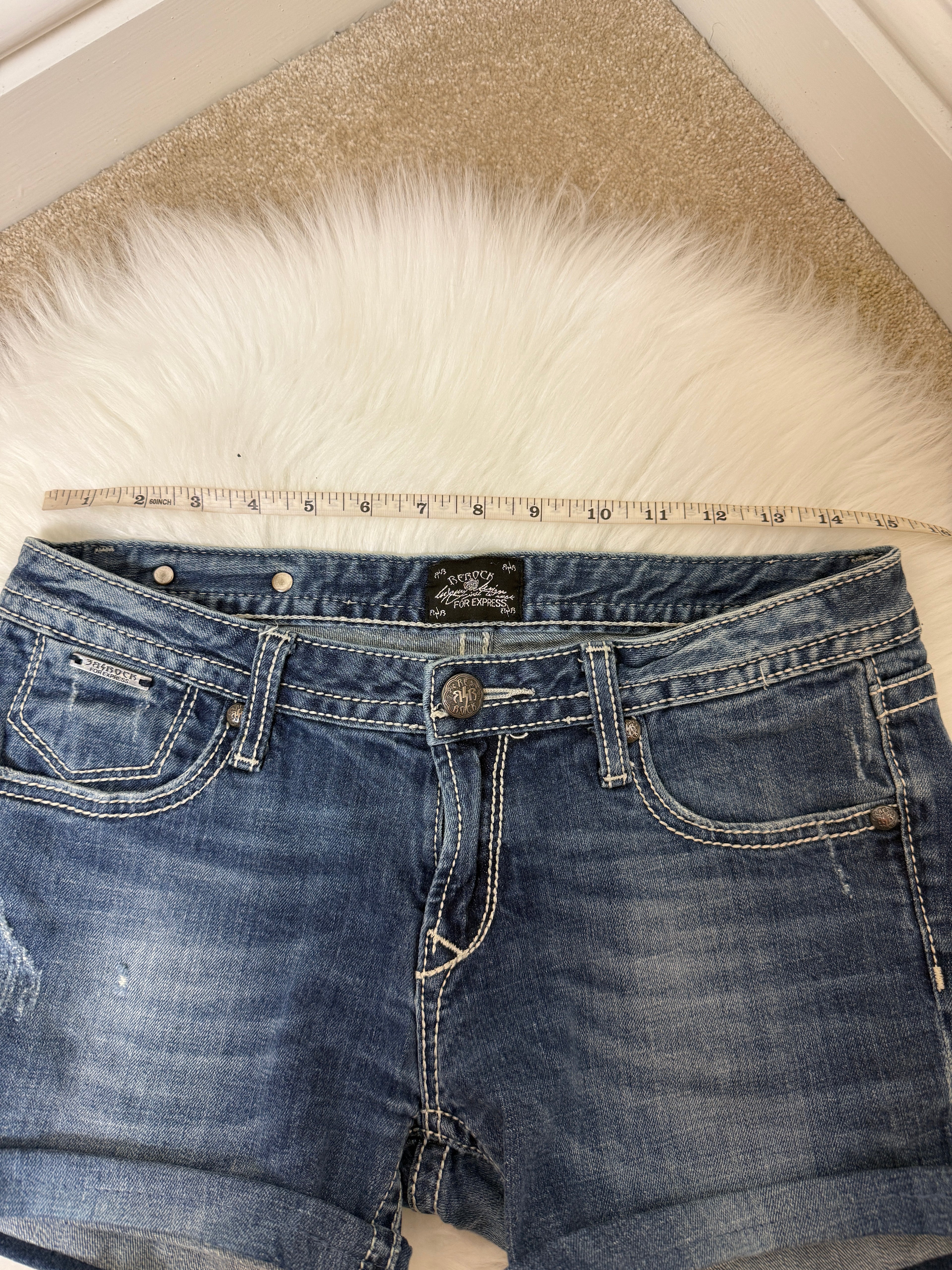 ReRock Express Y2K Western Denim Shorts Dark Wash Embroidered Contrast Stitch UK12