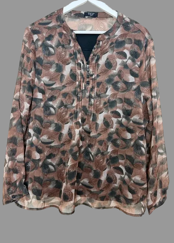 TIGI Brown Black Leaf Pattern Layered Sheer Blouse  - UK18/20