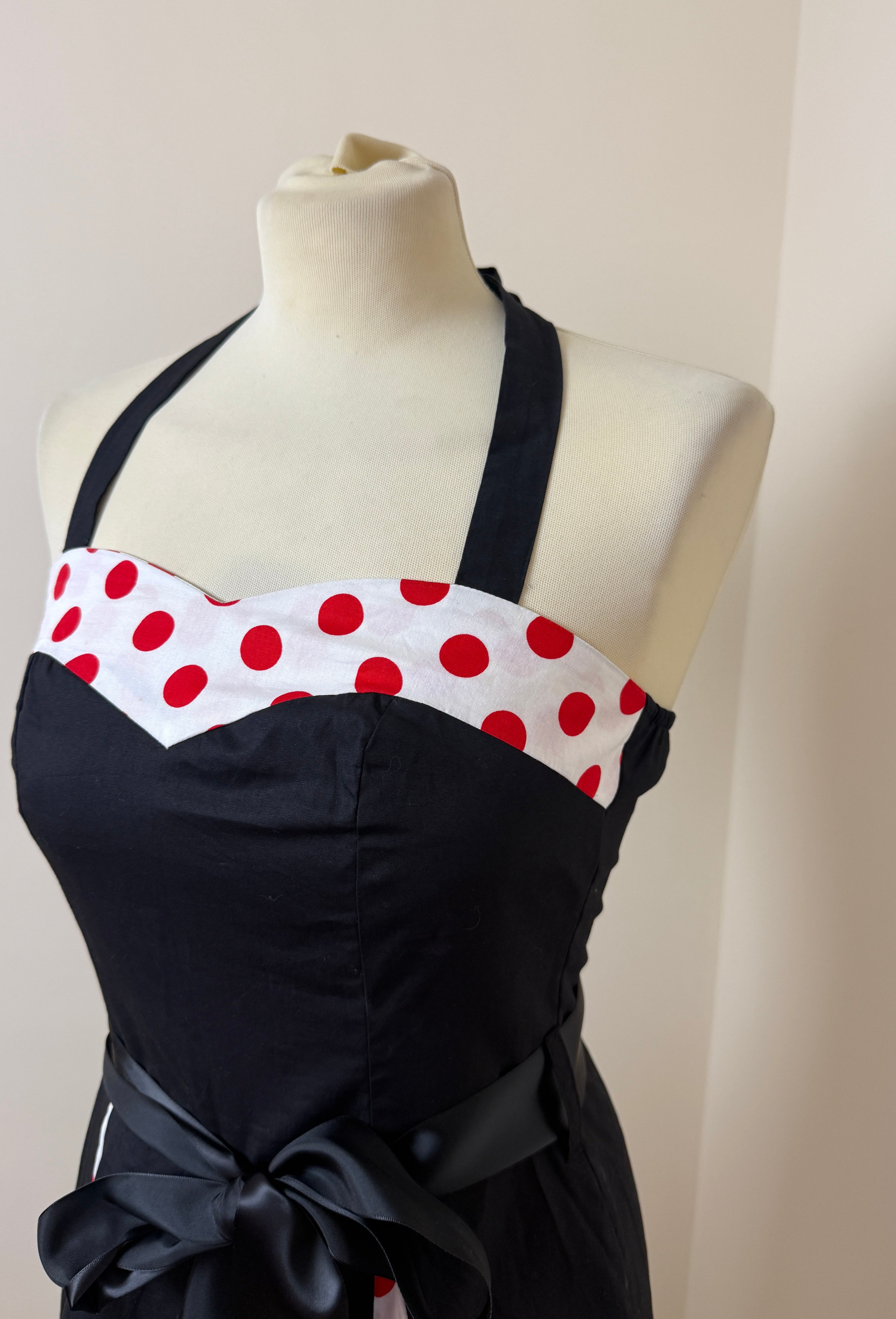 Retro Rockabilly Black Polka Dot Halterneck Swing Dress Size Small