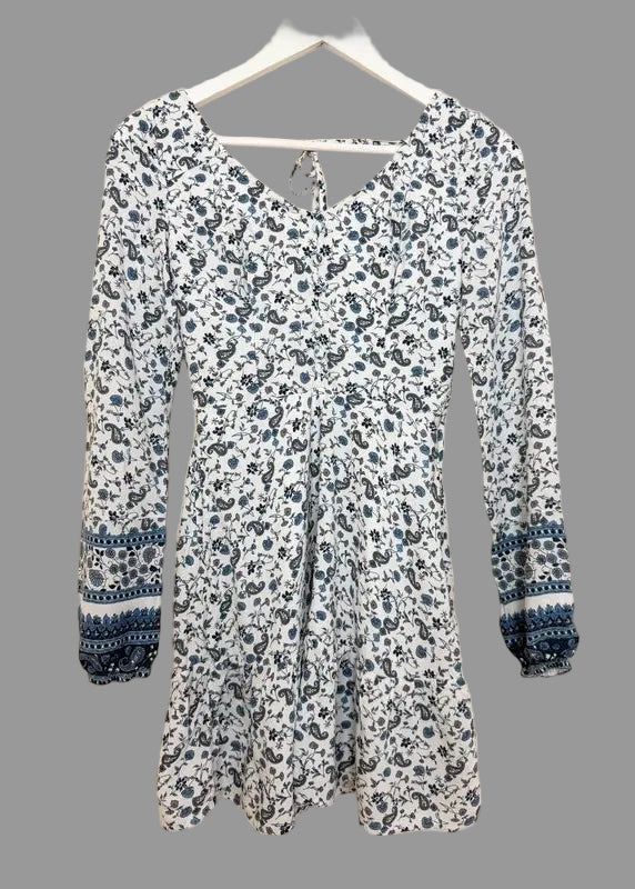 Hollister Blue Floral Paisley Mini Dress Frill Hem Tie Back V Neck XS