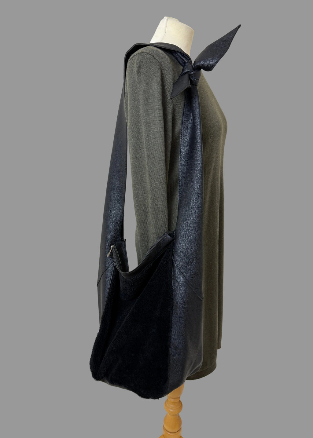 Black Faux Leather Hobo Shoulder Bag Faux Fur Panel Tie Strap Detail