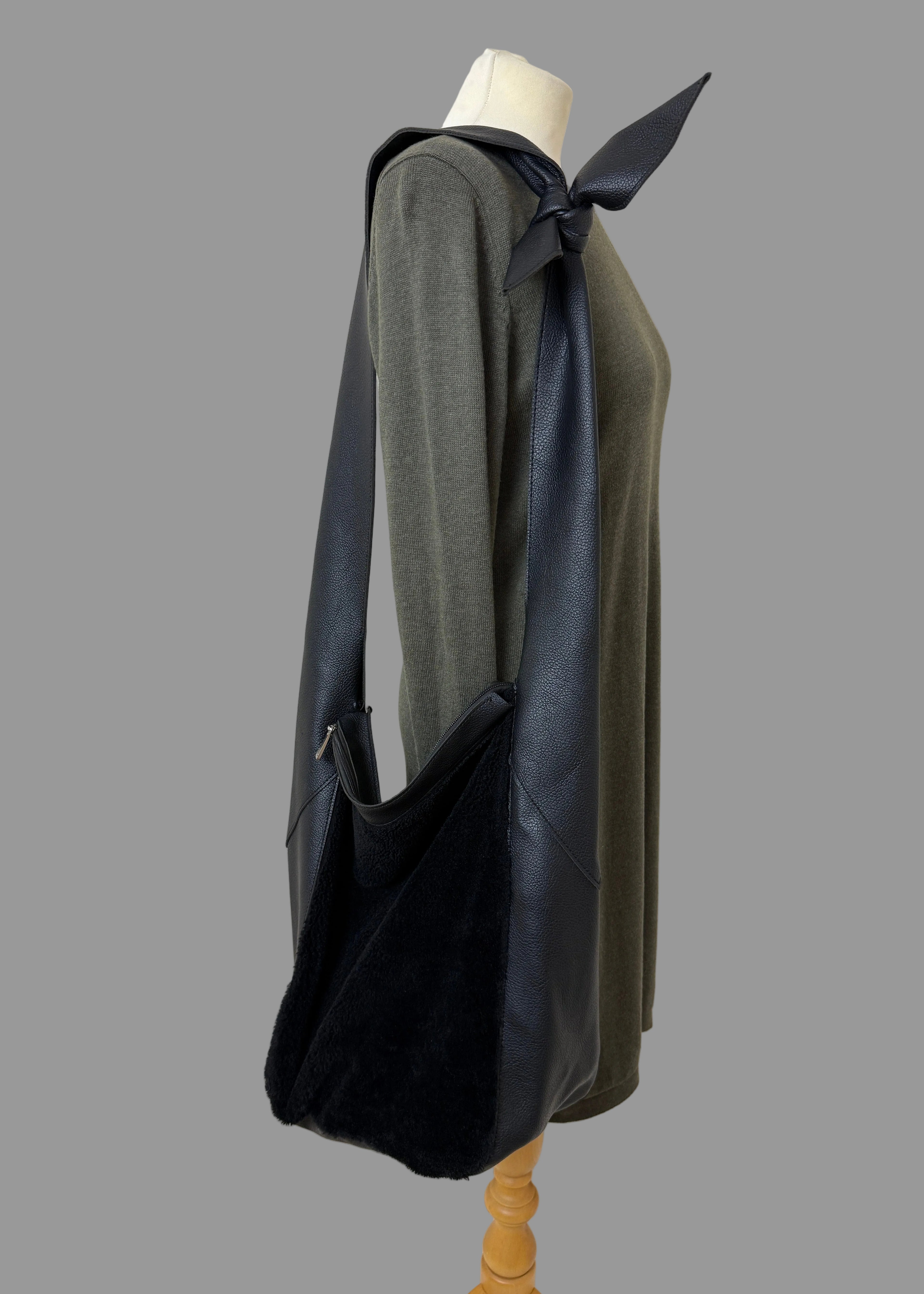 Black Faux Leather Hobo Shoulder Bag Faux Fur Panel Tie Strap Detail