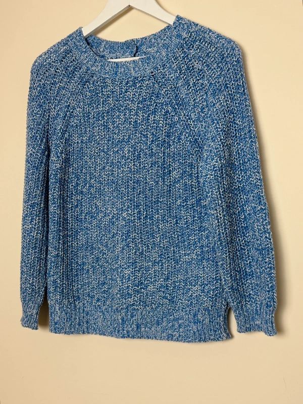 WoolOvers Blue Cable Knit Jumper Medium Cotton Crew Neck Button Back