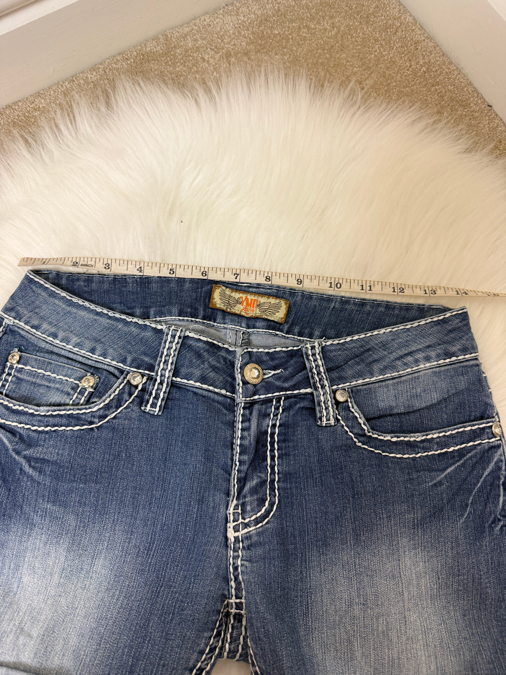 YMI Wannabetterbutt Y2K Western Denim Shorts Dark Wash Contrast Stitch Stud Detail UK10
