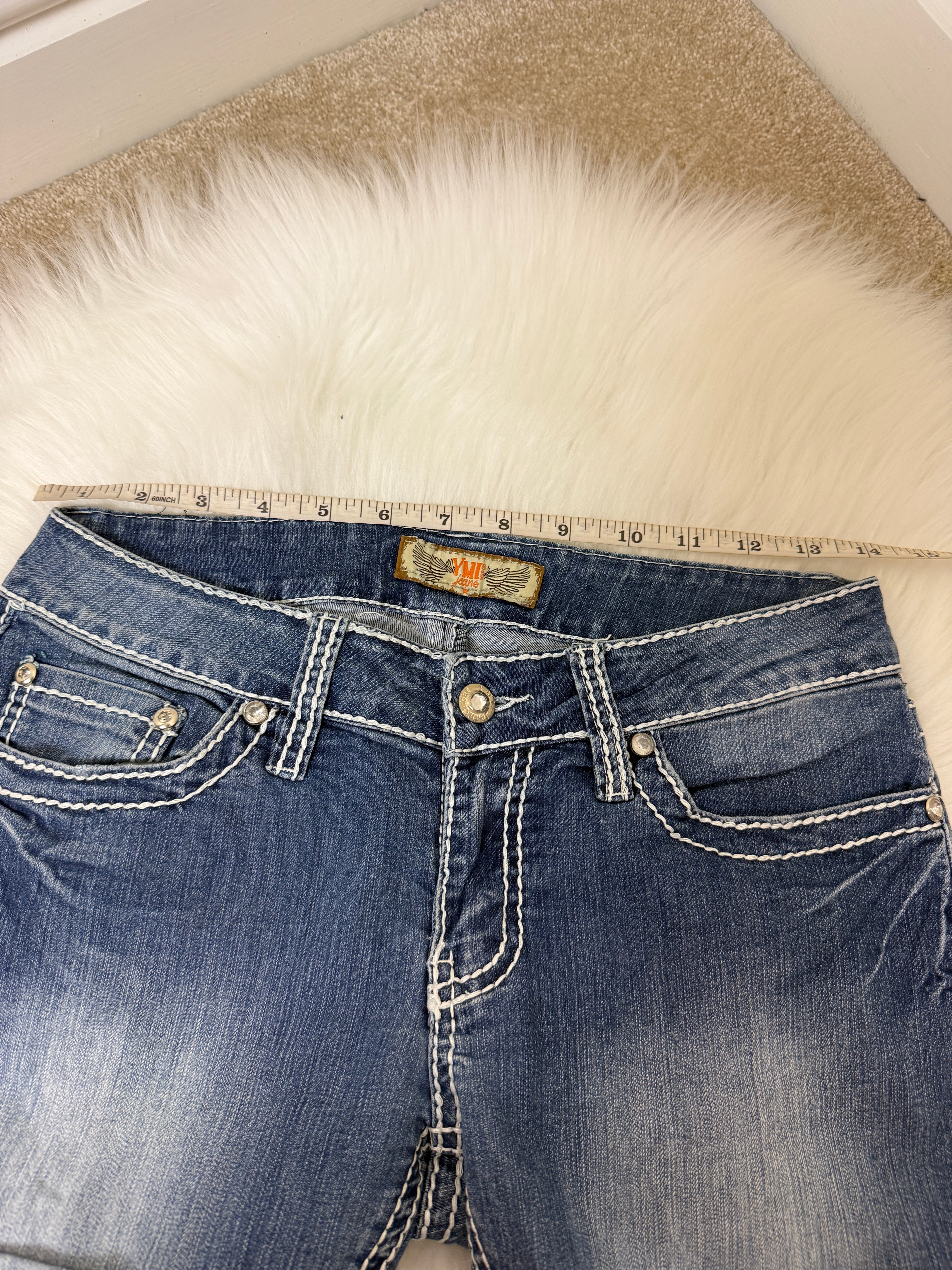 YMI Wannabetterbutt Y2K Western Denim Shorts Dark Wash Contrast Stitch Stud Detail UK10