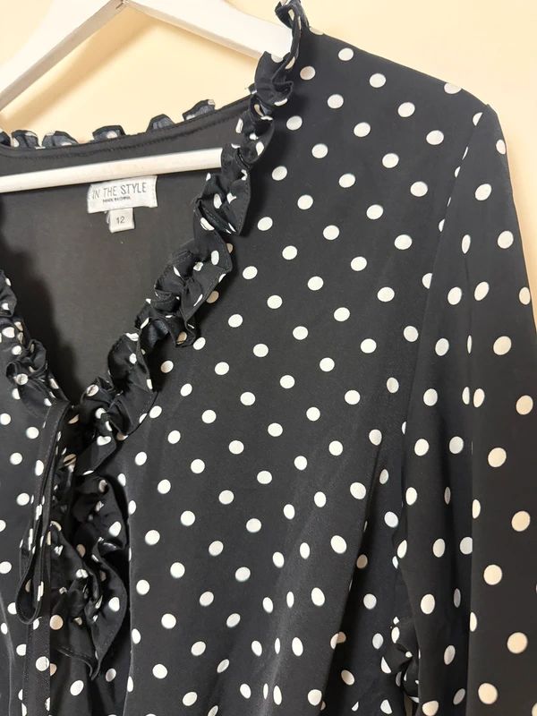 Black White Polka Dot Tie Front Blouse Bodysuit UK 12 Blouson Sleeve