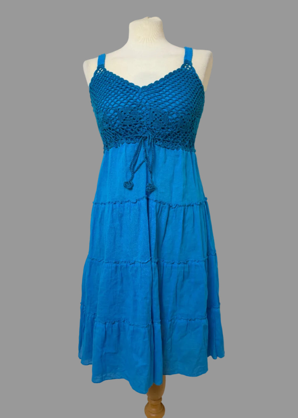 Blue Boho Crochet Cotton Sundress Size 14 (Stretch Fit)