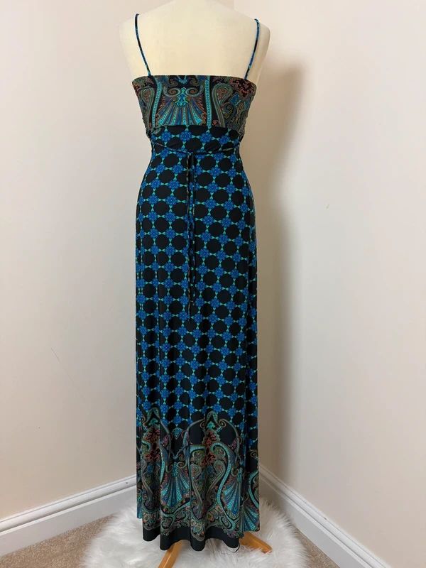 Therapy Blue Geometric Paisley Maxi Dress Slinky Strappy Holiday UK8