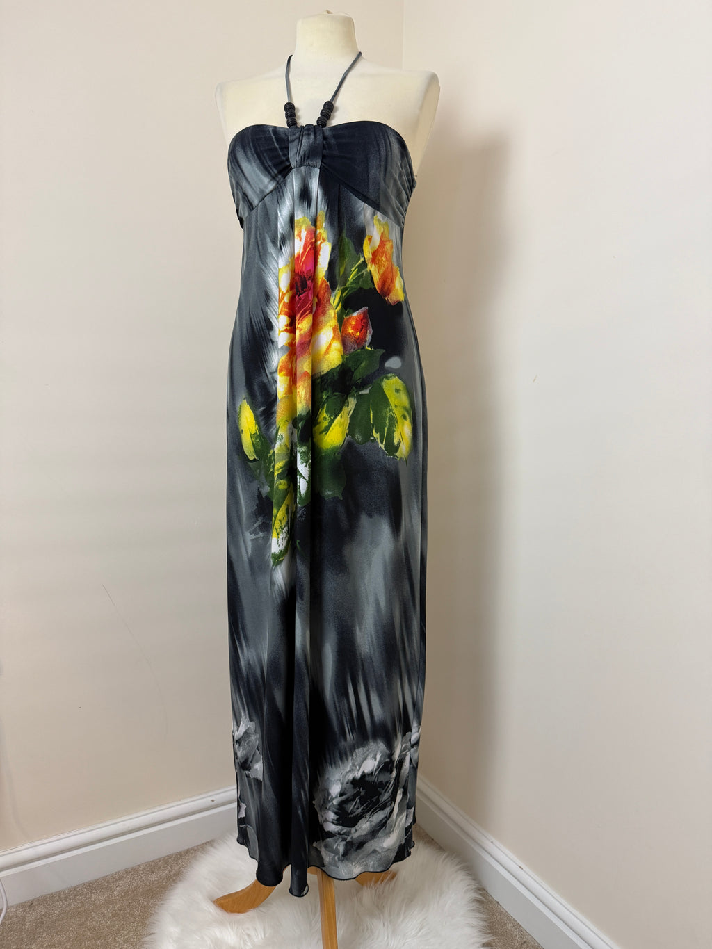 Saint Tropez West Y2K Black Floral Beaded Halter Maxi Dress UK 8
