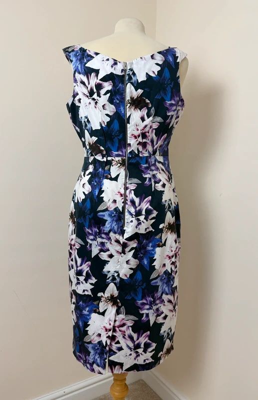 F&F Floral Pencil Dress Purple Black Pink Sleeveless Stretch UK14