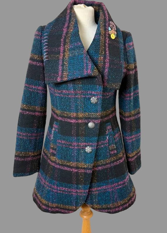 Joe Browns Plaid Overcoat Teal Pink Check Asymmetric Collar Wool Blend UK10