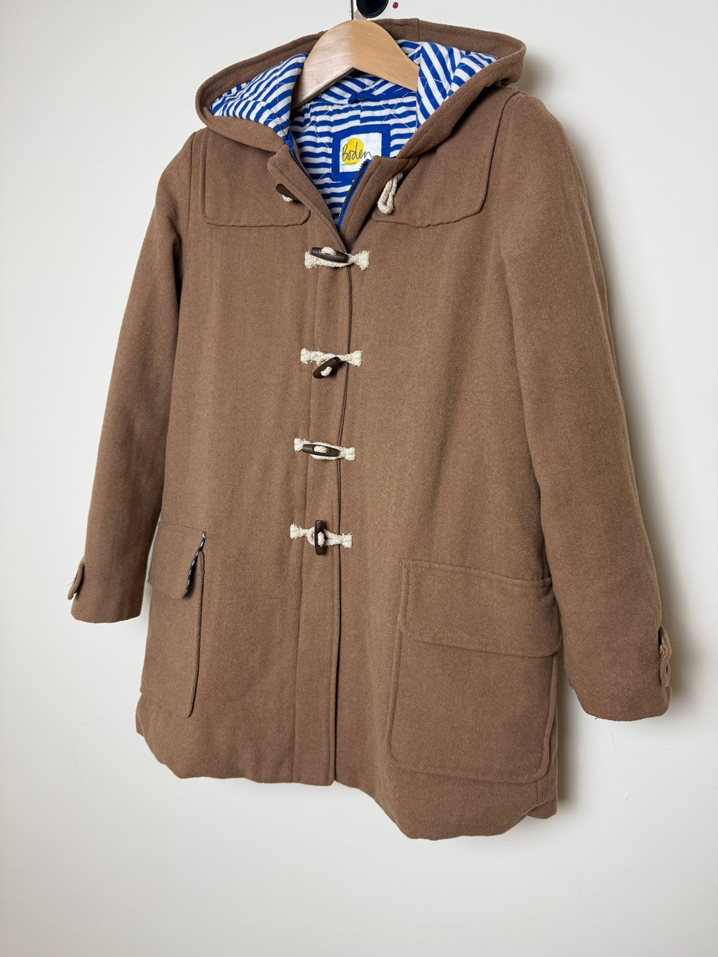 Boden Camel Brown Wool Blend Duffle Coat with Nautical Lining 10Reg