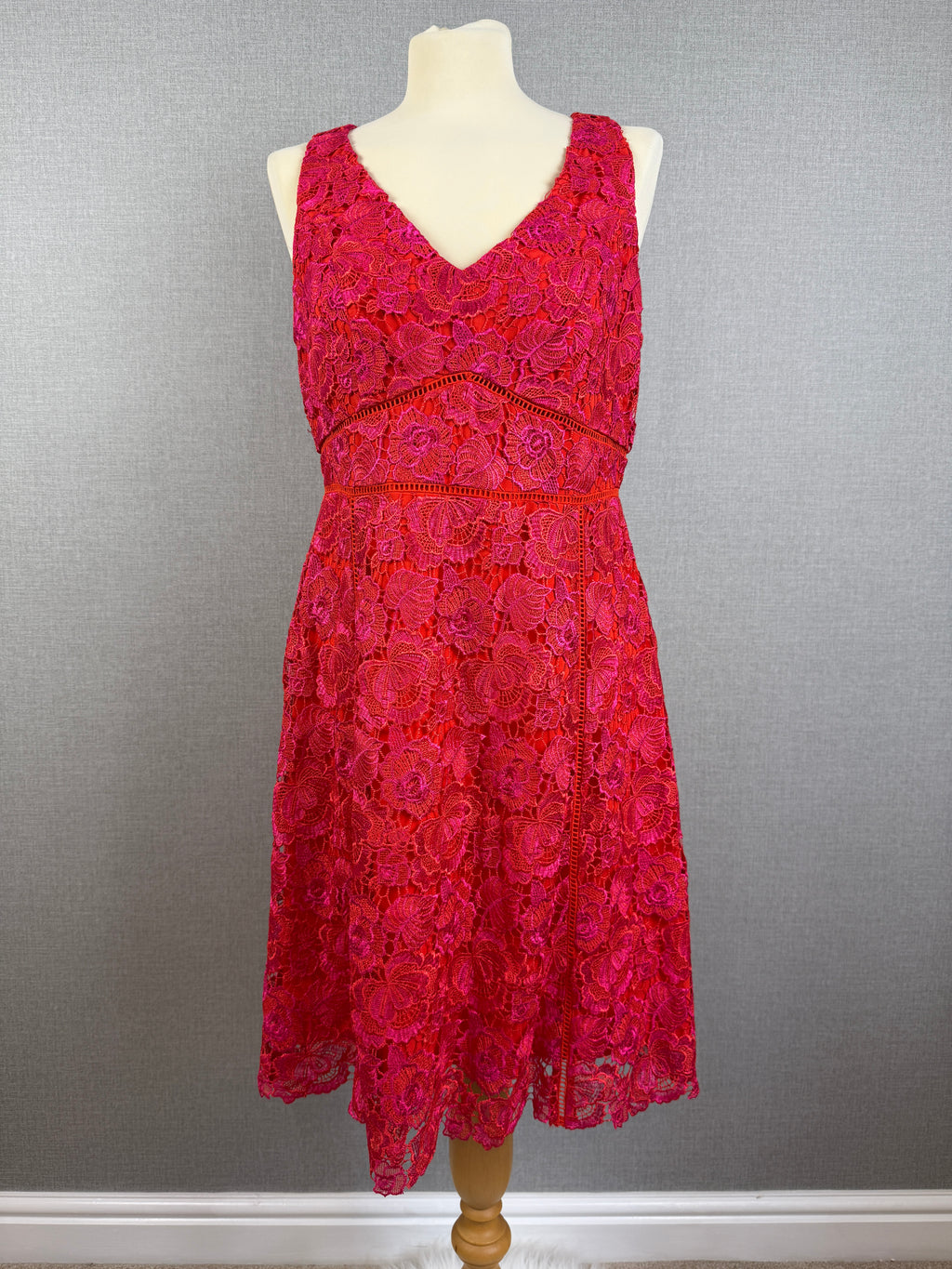 Monsoon Coral Pink Floral Lace Occasion Dress Size 14 - Preloved