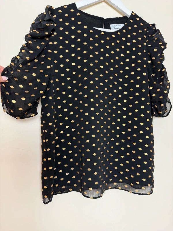 & Other Stories Black Gold Metallic Polka Dot Blouse UK10 Ruffle Sleeve