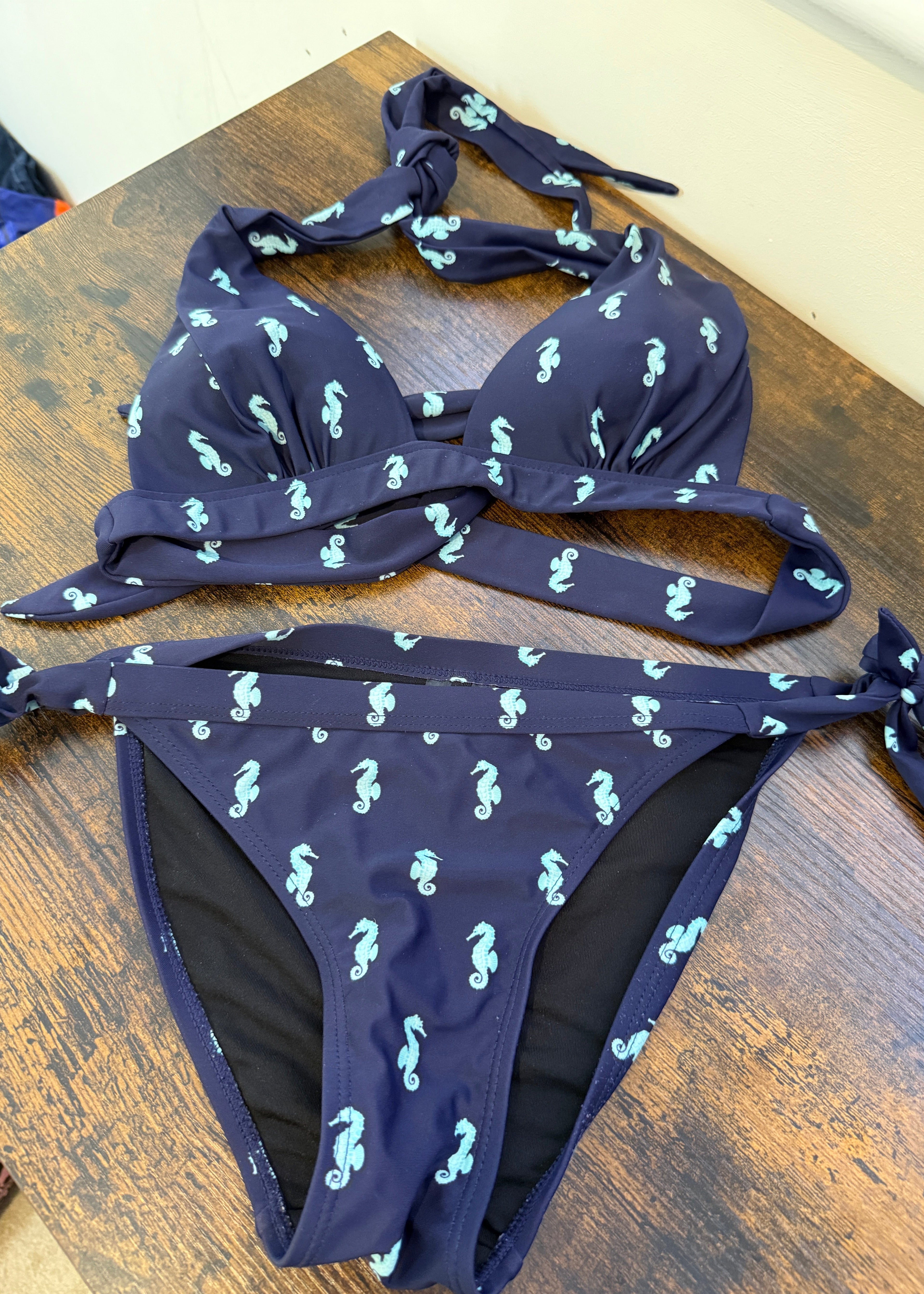 Oasis Navy Blue Seahorse Print Bikini Set Halter Neck Side Tie UK8