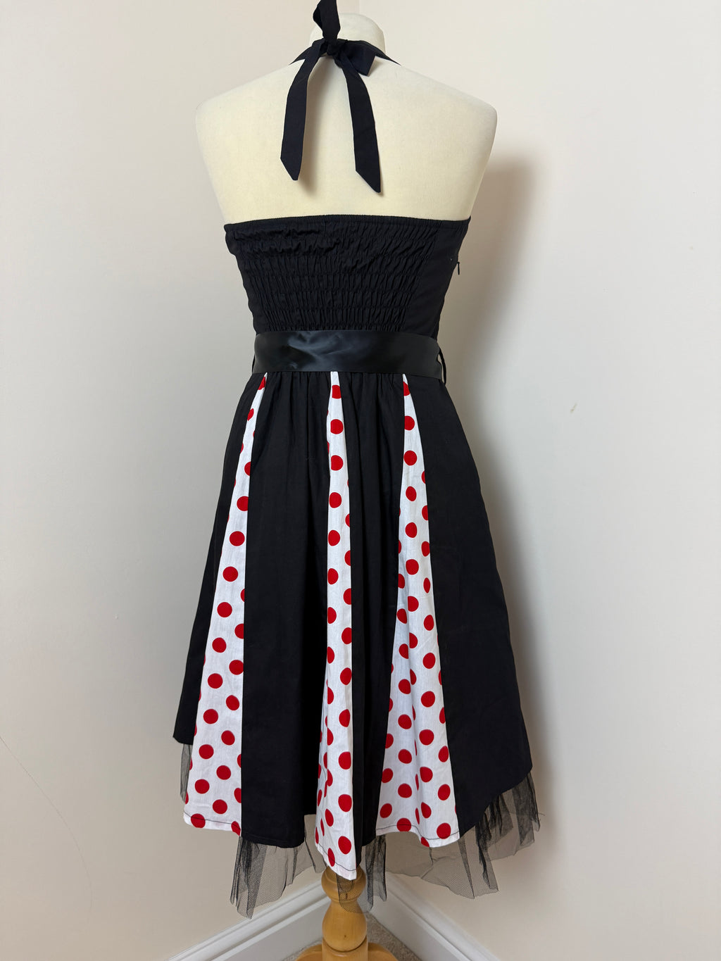 Retro Rockabilly Black Polka Dot Halterneck Swing Dress Size Small