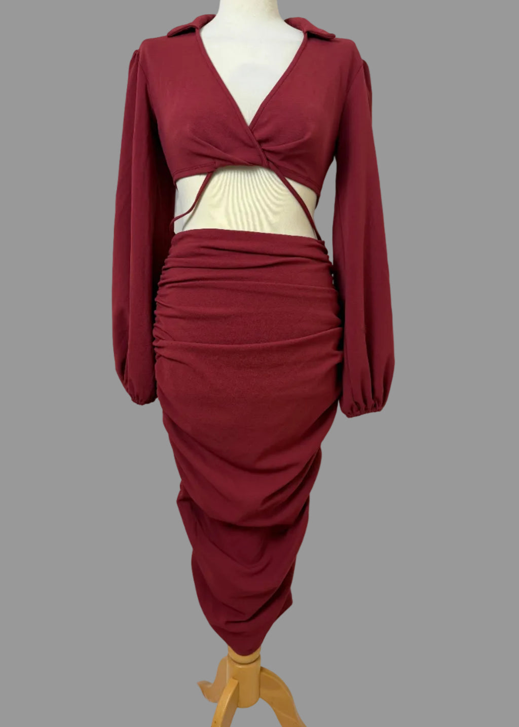 ASOS Burgundy Cut Out Ruched Midi Dress UK 10 Balloon Sleeve V Neck