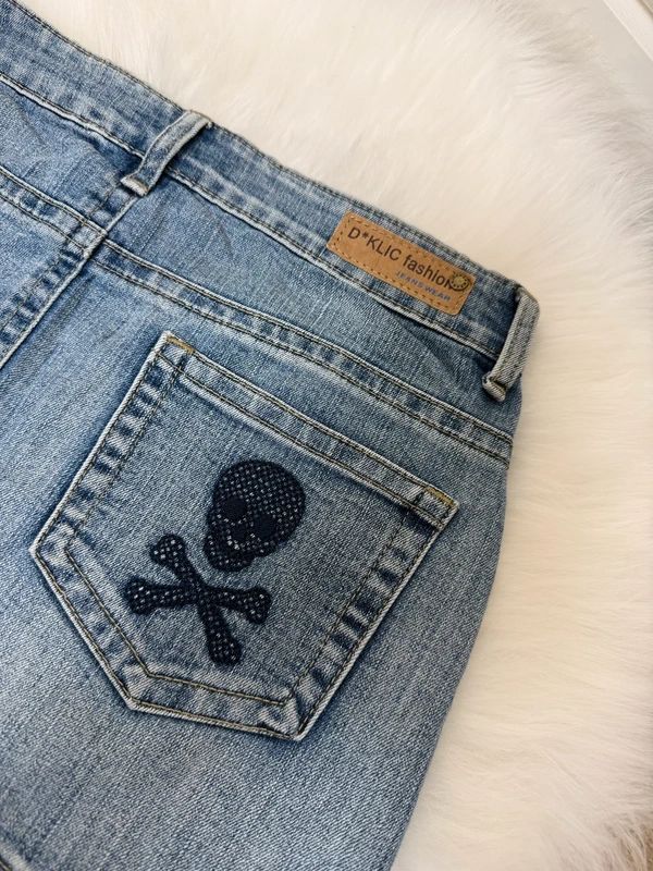 D*Klic Lightwash Denim Mini Skirt Y2K Skull Embroidery Low Rise UK8