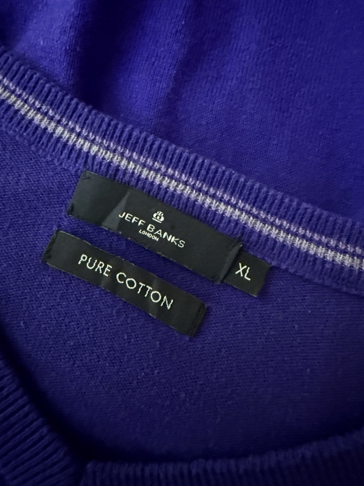 Jeff Banks London Pure Cotton Purple V Neck Jumper - XL