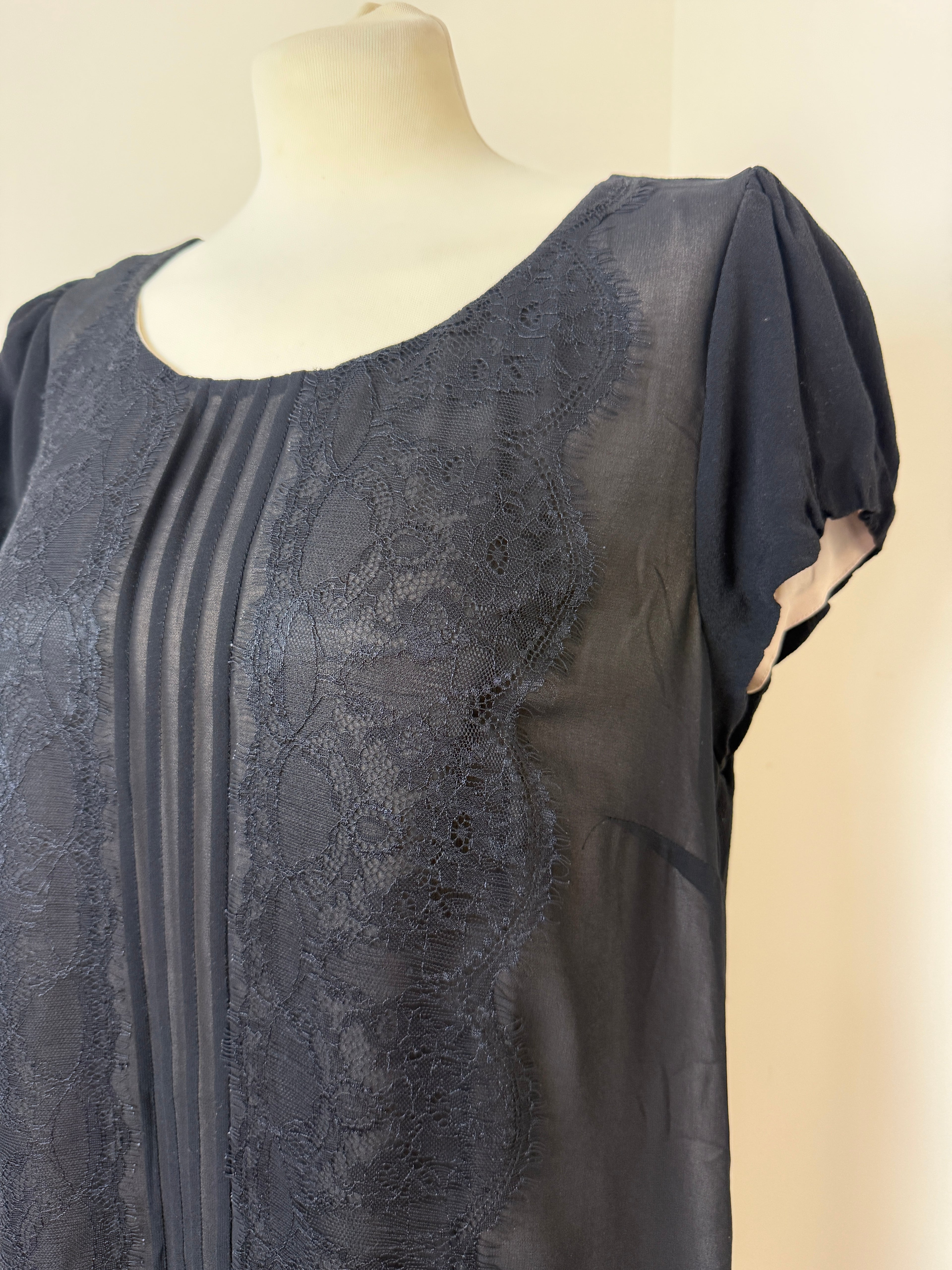 Rocha John Rocha Black Lace Panel Shift Dress UK16 Scoop Neck Nude Lined