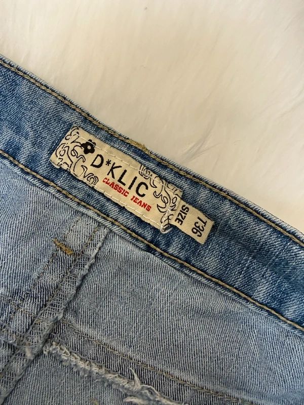 D*Klic Lightwash Denim Mini Skirt Y2K Skull Embroidery Low Rise UK8