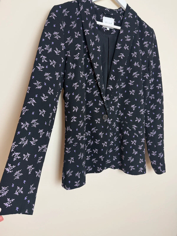 Vila Black Floral Print Single Breasted Lightweight Blazer - UK10