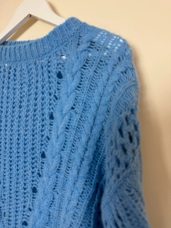 Emi-Jo Light Blue Mohair Open Cable Chunky Jumper  - Medium