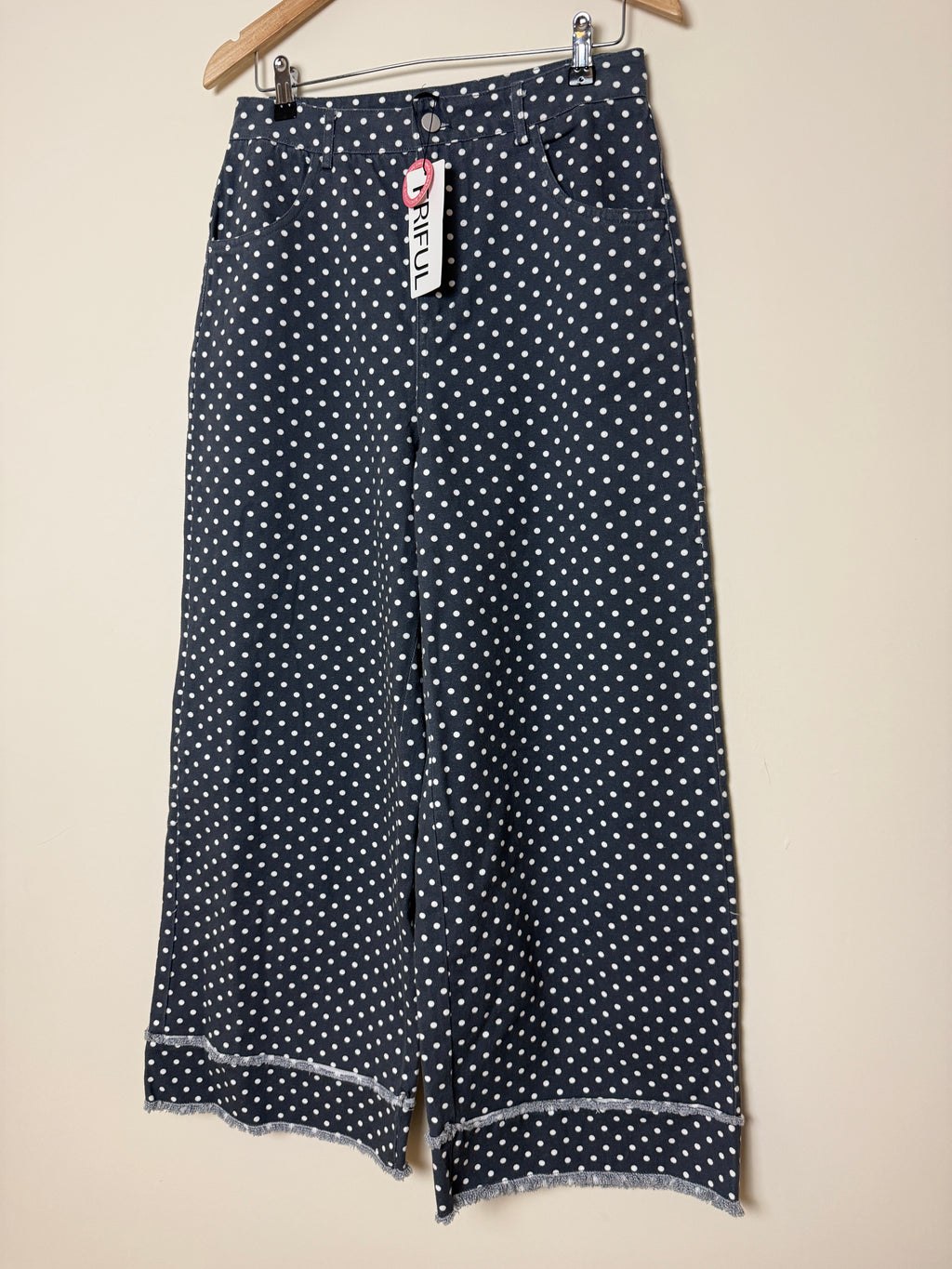 Friful Palazzo Trousers Grey White Polka Dot Wide Leg High Waist UK12 BNWT