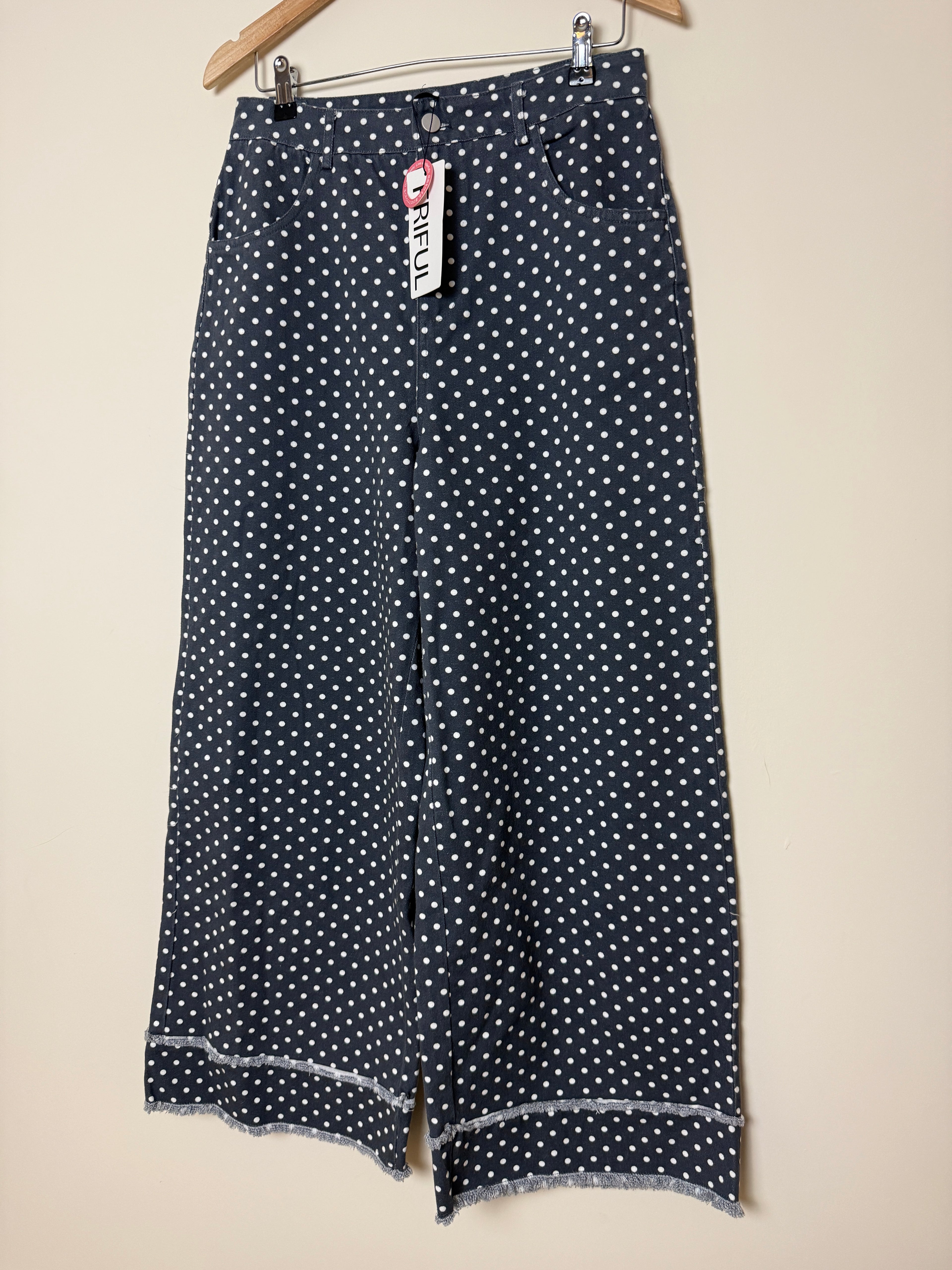 Friful Palazzo Trousers Grey White Polka Dot Wide Leg High Waist UK12 BNWT