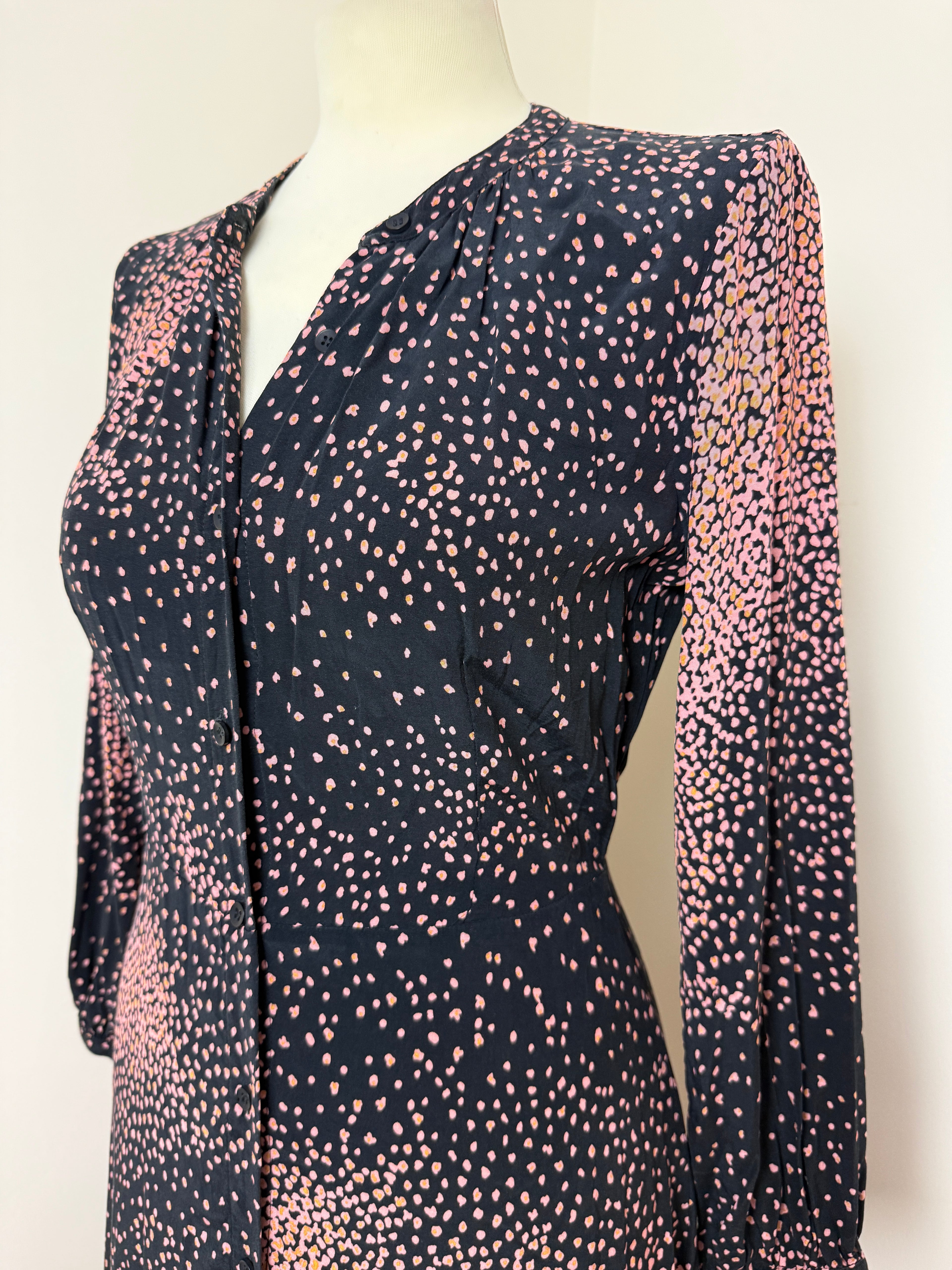 Whistles Black Pink Abstract Speckled Midi Dress UK6 Long Sleeve Occasion