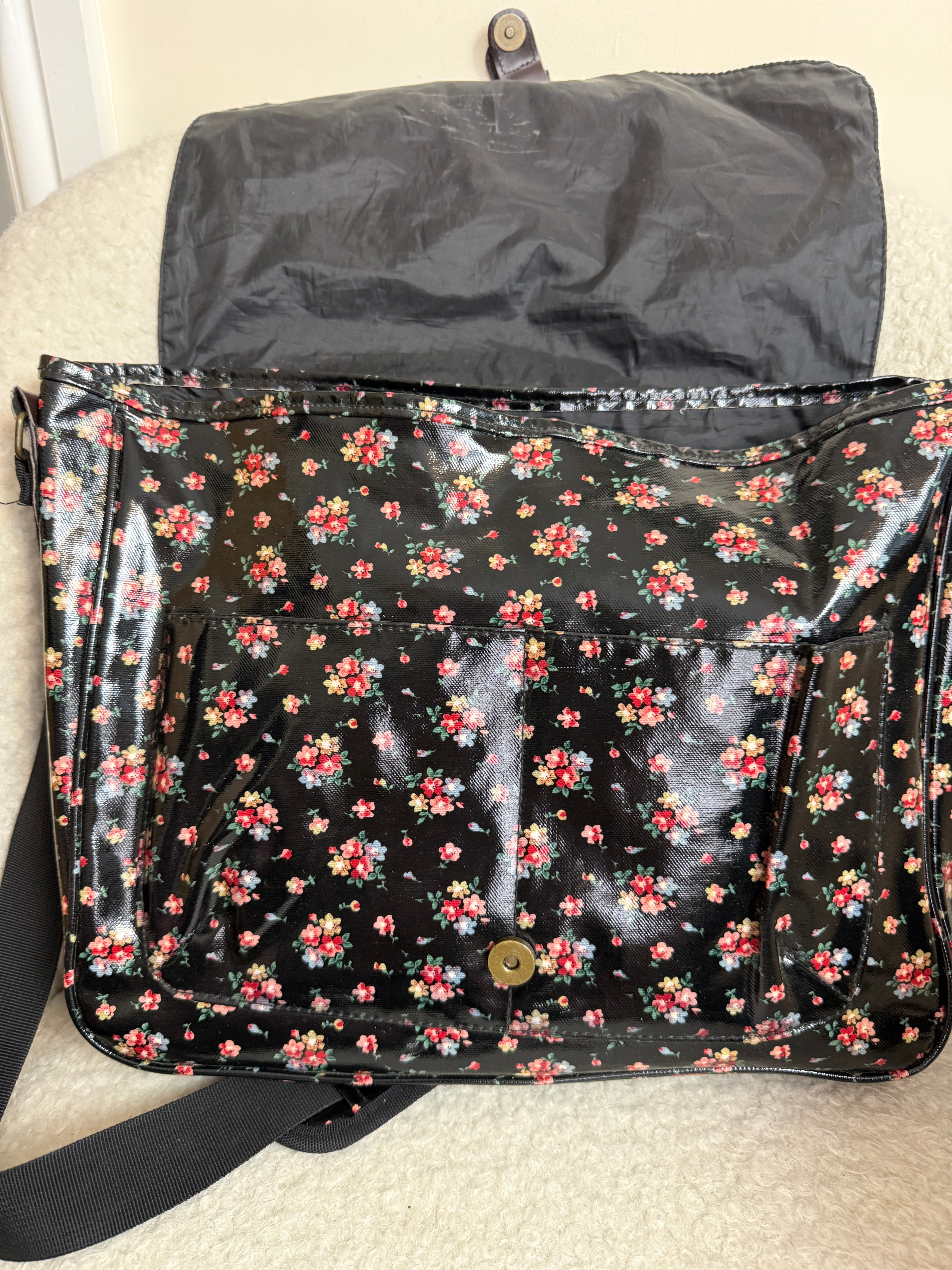 Lee Cooper Black Floral Messenger Bag Glossy Canvas Crossbody Studded