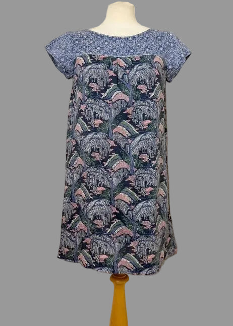 White Stuff Blue Pink Patterned Mini Dress UK10 Cap Sleeve Button Back