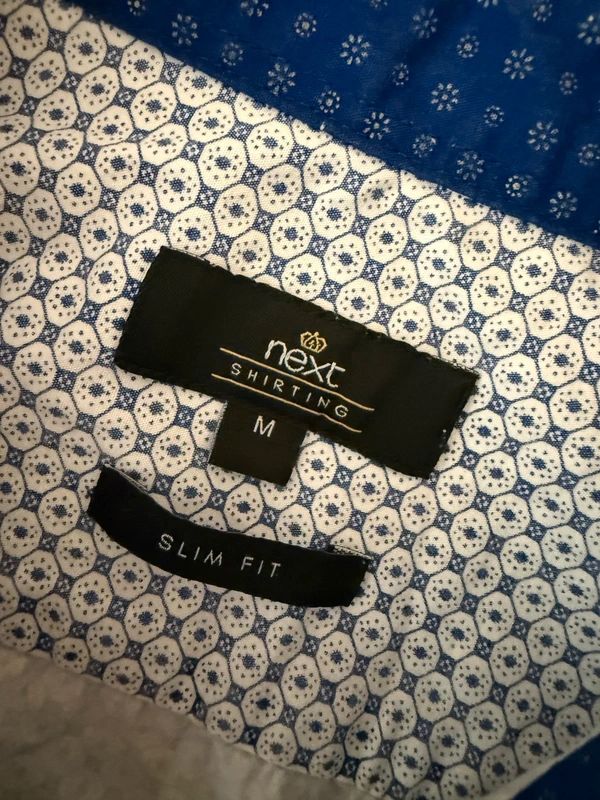Next Slim Fit Shirt Medium White Blue Pattern Double Collar Long Sleeve