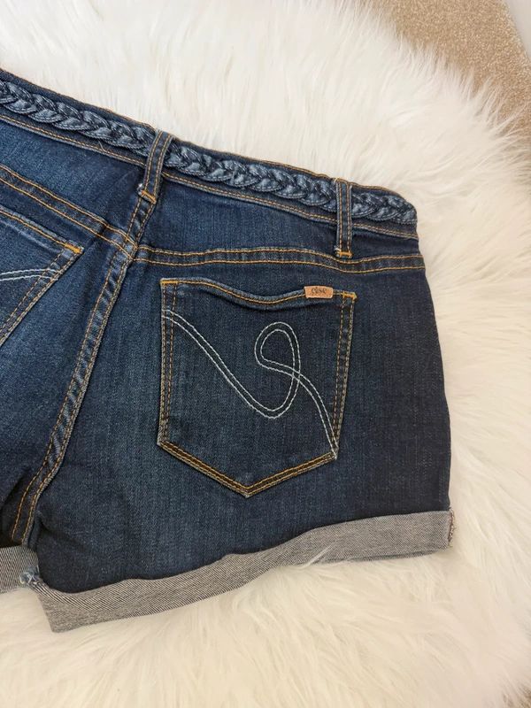 Else Dark Blue Braided Waistband Cuffed Hem Denim Mini Shorts – W28, Festival Boho Summer