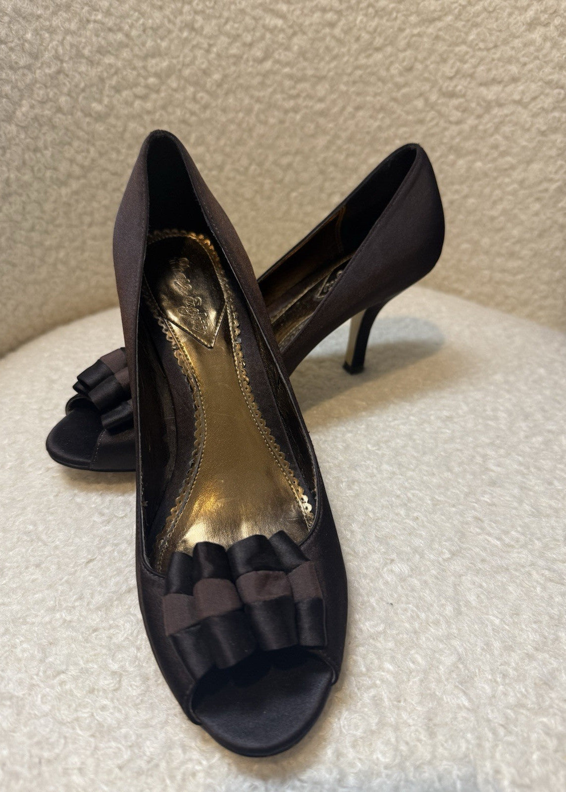 Phase Eight Dark Brown Satin Ruffled Peep Toe Heels - UK4 EU37