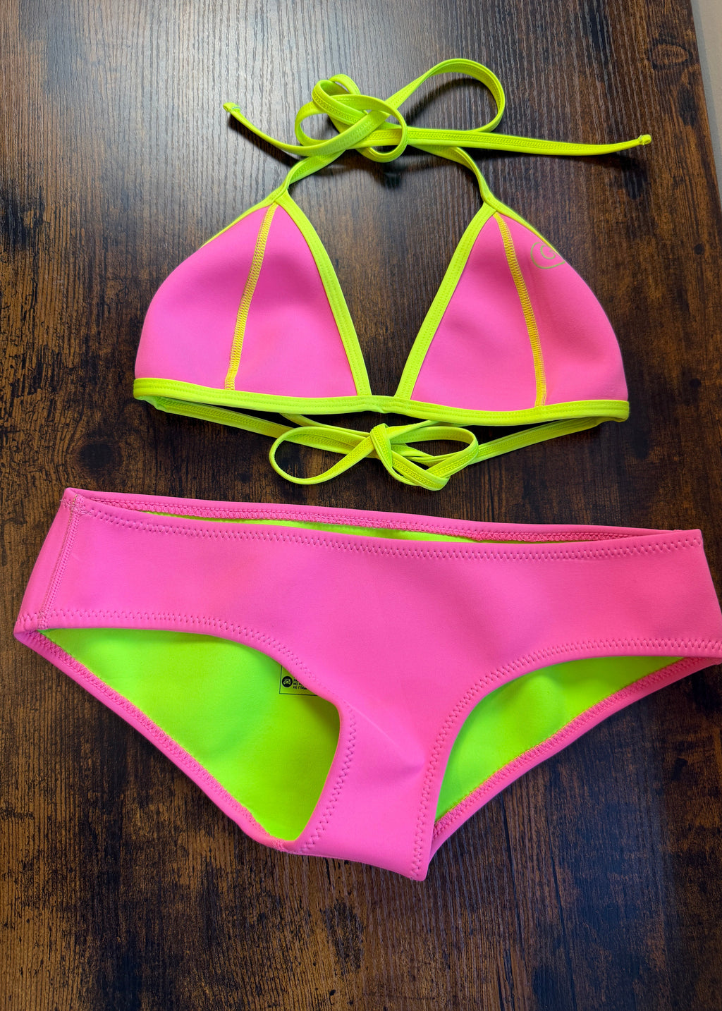GlideSoul Neon Pink Lime Green Neoprene Style Bikini Set Size S