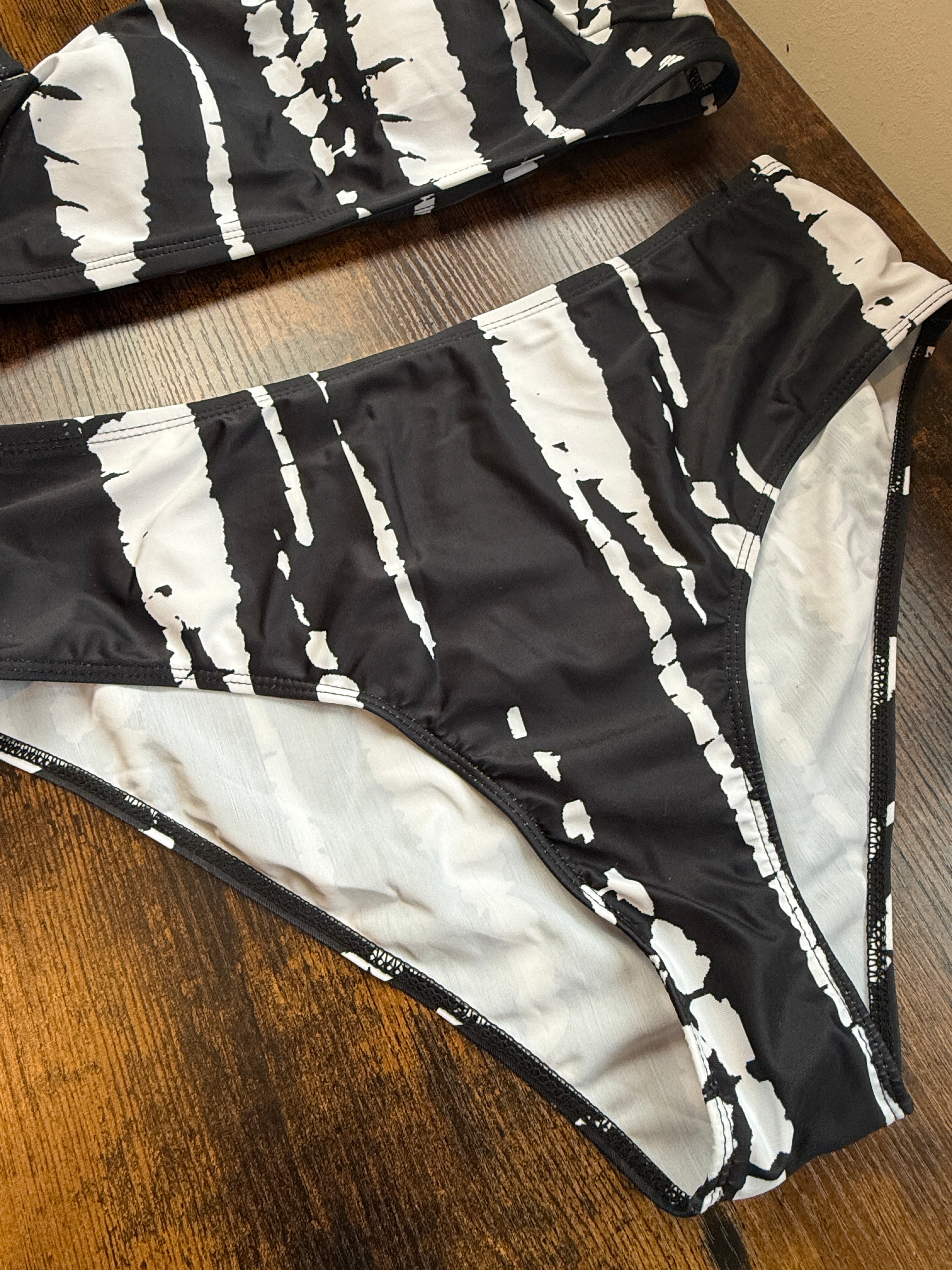 SHEIN Black White Abstract Print Bikini Set UK 16 XL High Waist Swimwear