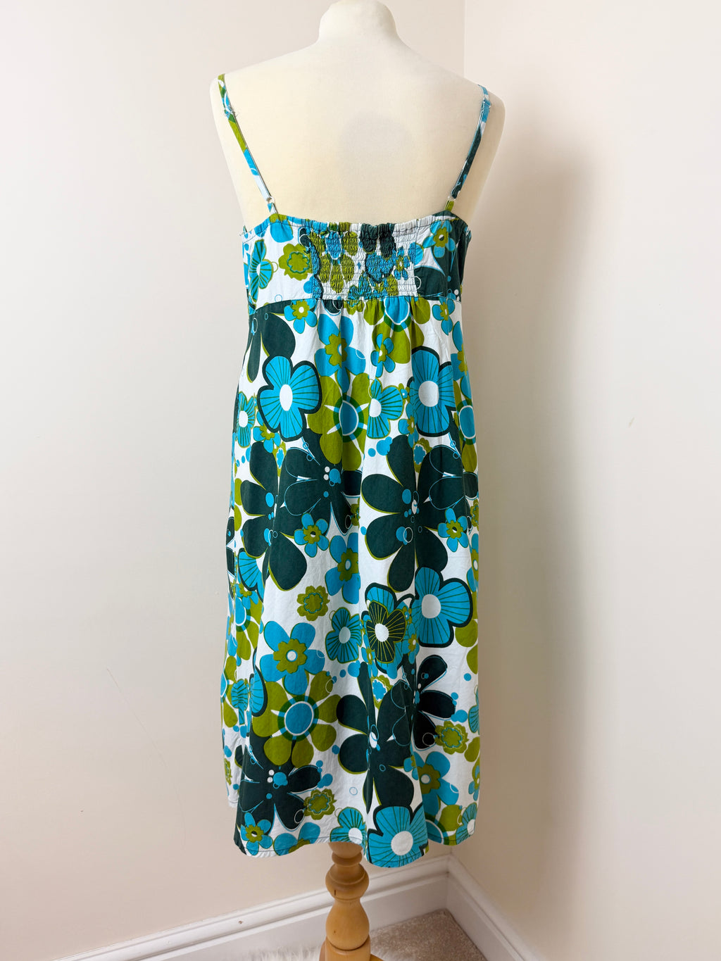 Retro Blue Green Floral Cotton Midi Dress UK14 Diamante Trim Summer Dress