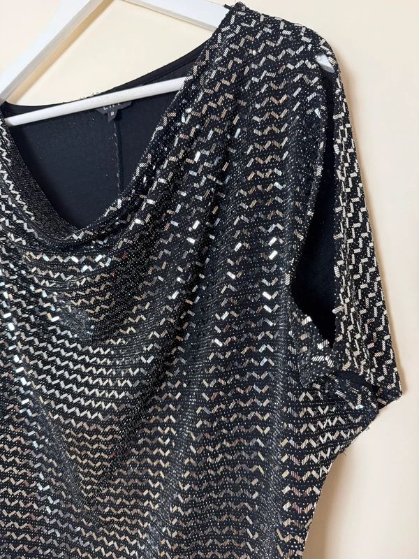 Envy Metallic Ruched Party Top Black Silver Shimmer Short Sleeve UK 18