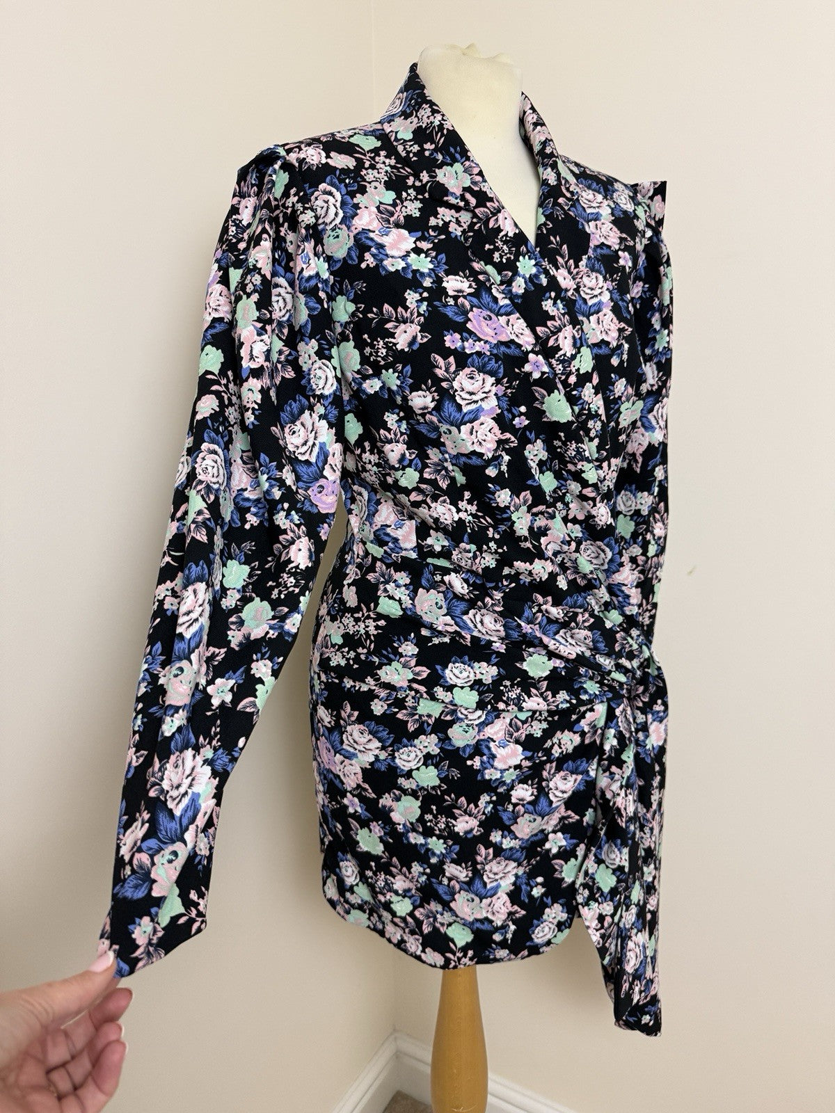 ASOS Black Pink Floral Wrap Around Blazer Mini Dress - UK12