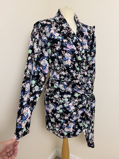 ASOS Black Pink Floral Wrap Around Blazer Mini Dress - UK12