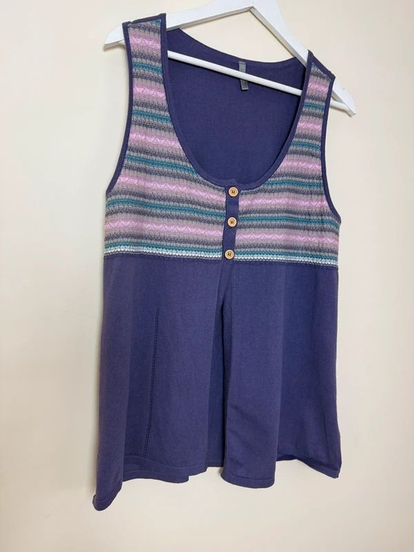 South Purple Stripe Knit Top Sleeveless Open Front Button Detail UK16