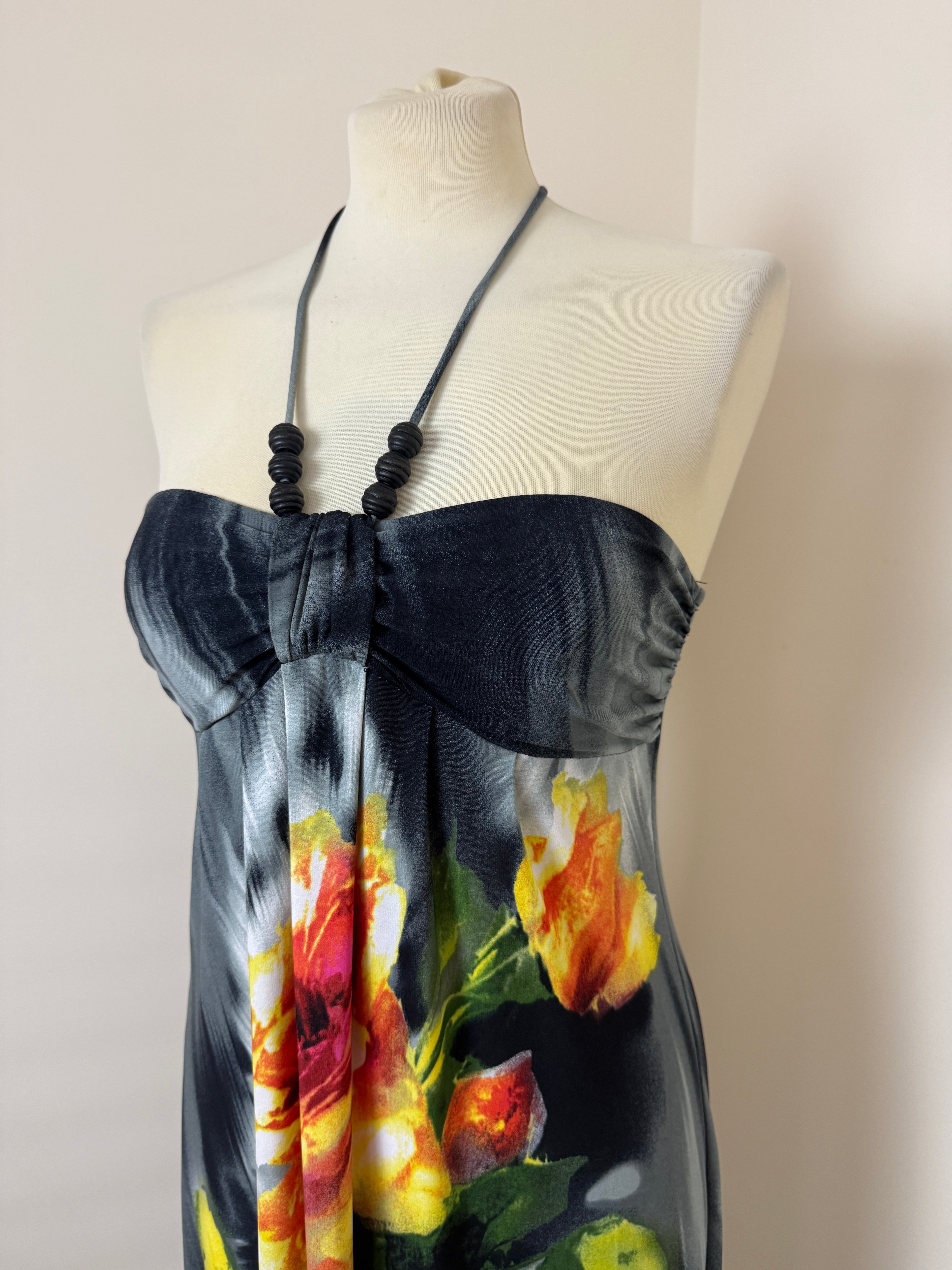 Saint Tropez West Y2K Black Floral Beaded Halter Maxi Dress UK 8