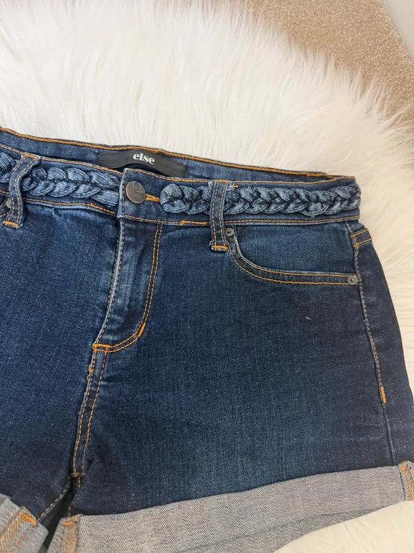 Else Dark Blue Braided Waistband Cuffed Hem Denim Mini Shorts – W28, Festival Boho Summer