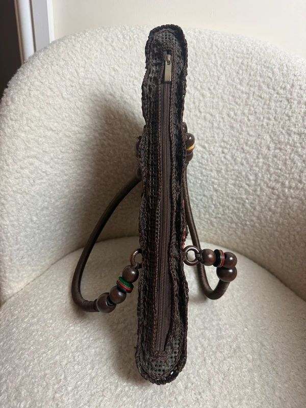 Boho Crochet Mesh Handbag Coconut Shell Floral Wooden Bead Strap