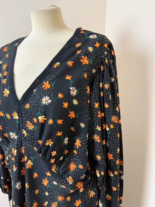 Limited Collection Black Floral Midi Tea Dress UK 20 Empire Waist