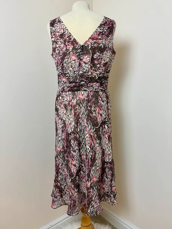 CC Petite Pure Silk Wrap Dress Pink Brown Abstract Leaf Midi UK12