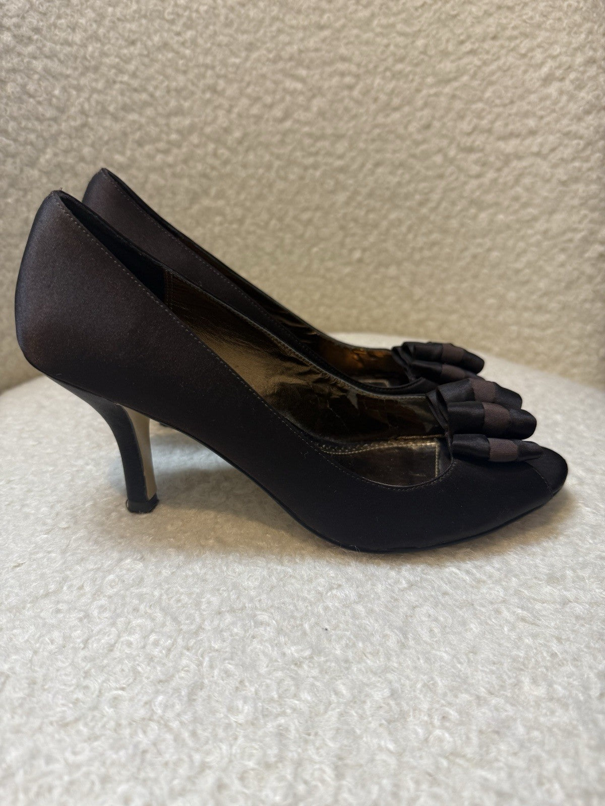 Phase Eight Dark Brown Satin Ruffled Peep Toe Heels - UK4 EU37